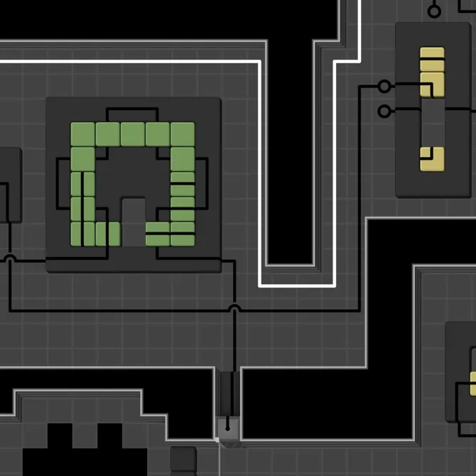 A portion of the larger image that constitutes the game. It looks like gray rooms and corridors viewed from above, on a deep black background, with a grid faintly visible. Straight white and black lines are drawn across the rooms, aligned with the grid; also aligned, green and yellow square 'blocks', and dark gray walls.