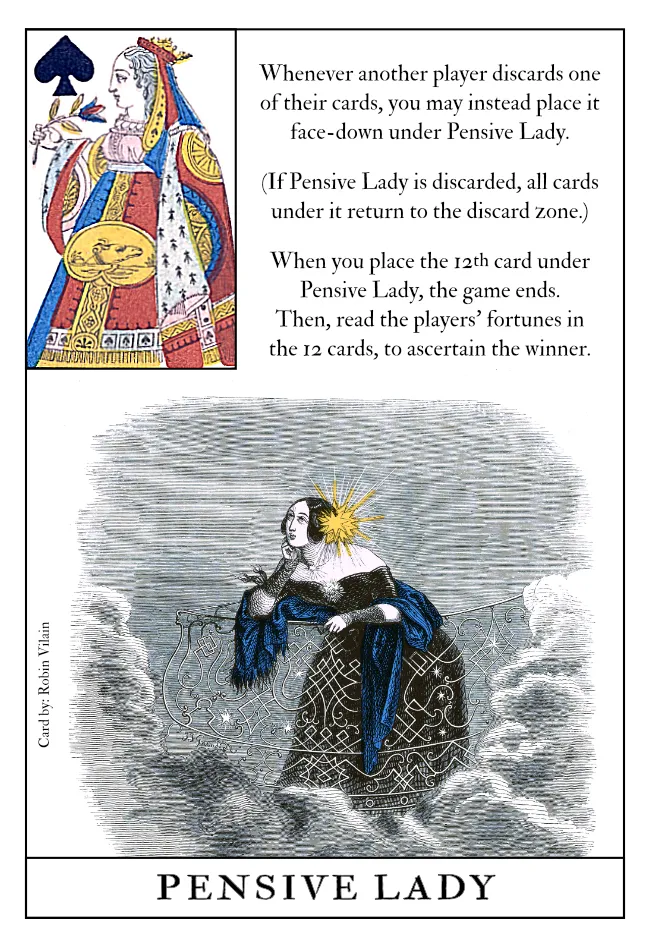 Pensive Lady Card in the style of classic French divination decks, with the title at the bottom, a large illustration of a woman on a balcony looking wistfully at the sky in the center, the rules in the top-right corner and an image of the Queen of Spades in a frame in the top-left corner.