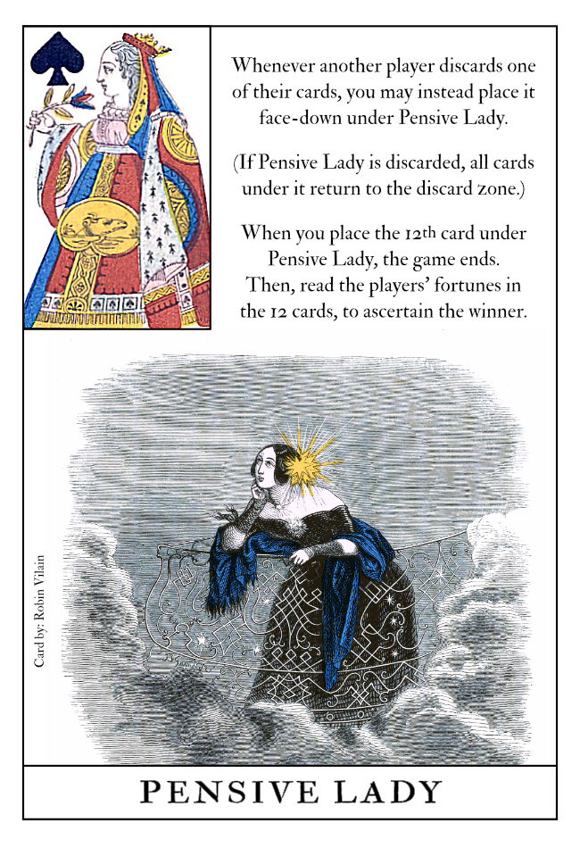 Card in the style of classic French divination decks, with the title at the bottom, a large illustration of a woman on a balcony looking wistfully at the sky in the center, the rules in the top-right corner and an image of the Queen of Spades in a frame in the top-left corner.